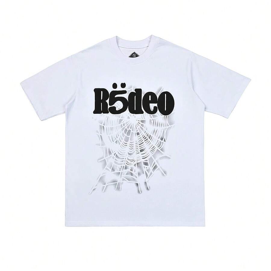 Camiseta de manga corta unisex de alta calidad con estampado de letras y telaraña de la marca de moda SP5DER555. Camisetas de lujo, tops, camisetas de moda. - Blanco - Ver 1
