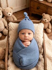 Baby Photography Props, Essential For Baby's Full Month Photos[INS Hot Style]Newborn 4-Color Waffle Wrap + Knot Hat 2 Pieces Set, Simple Versatile Newborn Photography Outfit, Baby Birthday Party, Baby 100 Days Commemorative Photos - Multicolor - View 6