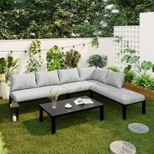 Garden Dining Set, Garden Furniture Set, Garden Lounge Chair Set With Galvanized Iron Frame, 6 Seats, Adjustable Feet, Removable Backrest, Modular Sofa, Galvanized Iron Tabletop, Grey - 灰色 - 查看 4