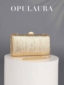 OpulAura Retro Luxury Clutch Bag, Gold Leather Pleated Design Fashion Party Purse, Elegant Box Handbag With Chain Strap, Suitable For Party/Wedding - Vàng - Xem 12