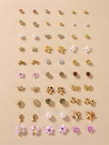NAIZHU 30 Pairs/Set European And American Fashion Floral Heart Bow Faux Pearl Metallic Earring Set For Women, Suitable For Daily Wear, Dating And Gifts - Multicolor - View 7