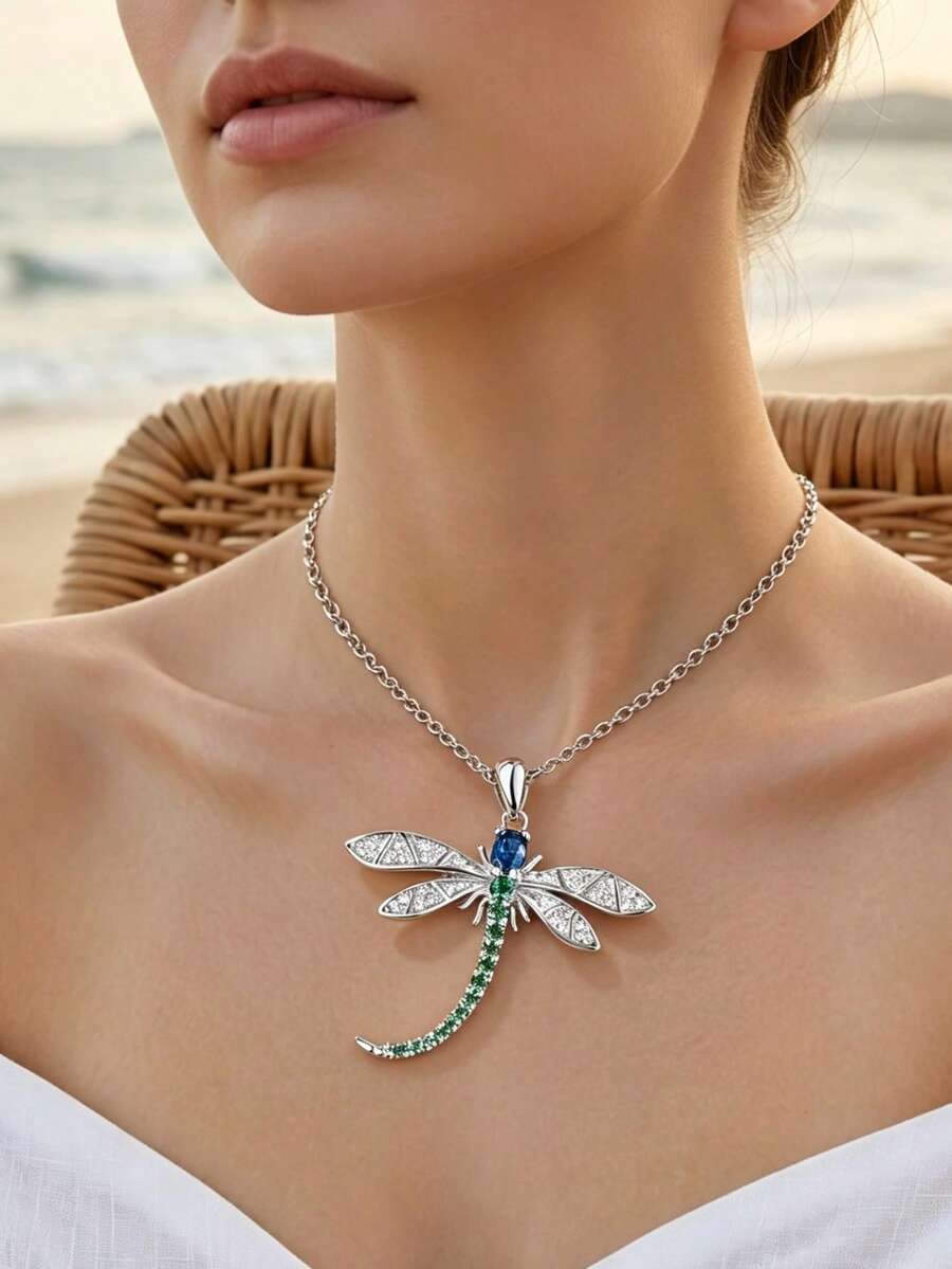 1pc Dragonfly Pendant Necklace, Exquisite Natural Design, Suitable For Daily Wear And As A Gift. No Packaging Box. - Blue - View 1