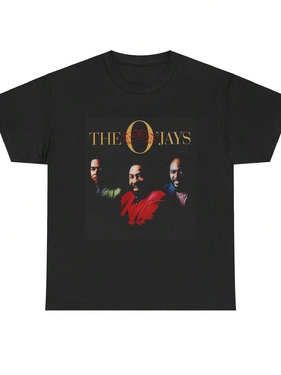 T-shirt masculina vintage com arte do álbum O'Jays - T-shirt pesada de música soul retro da banda dos anos 70 e 80 com letras douradas e fotos dos membros, casual - Preto - Ver 1