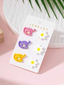 3 Pairs/Set Daily Vacation Water Bottle Flower Enamel Faux Soft Clay Texture Design Women's Fashion Jewelry Earrings, Perfect Gift For Holiday Gatherings - Multicolor - View 2