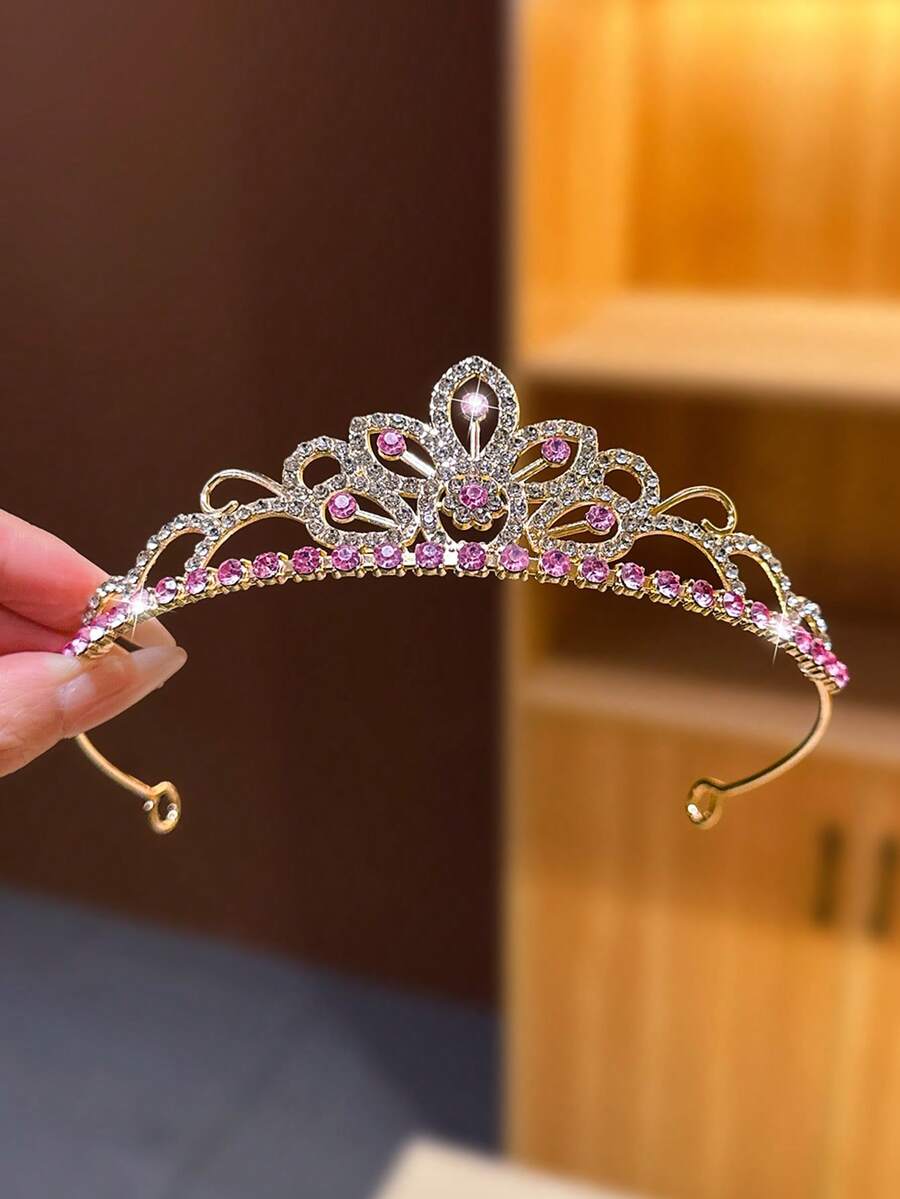 1件金色粉鑽大皇冠頭飾 女孩高階水晶王冠 生日禮物 公主髮夾髮簪髮飾 - 粉色 - 查看 1