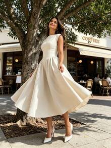 Women's Boat Neck Cap Sleeve Midi Dress, Corset Waist A-Line Flare Dress, Elegant Formal & Bridesmaid Dress - 杏色 - 查看 3