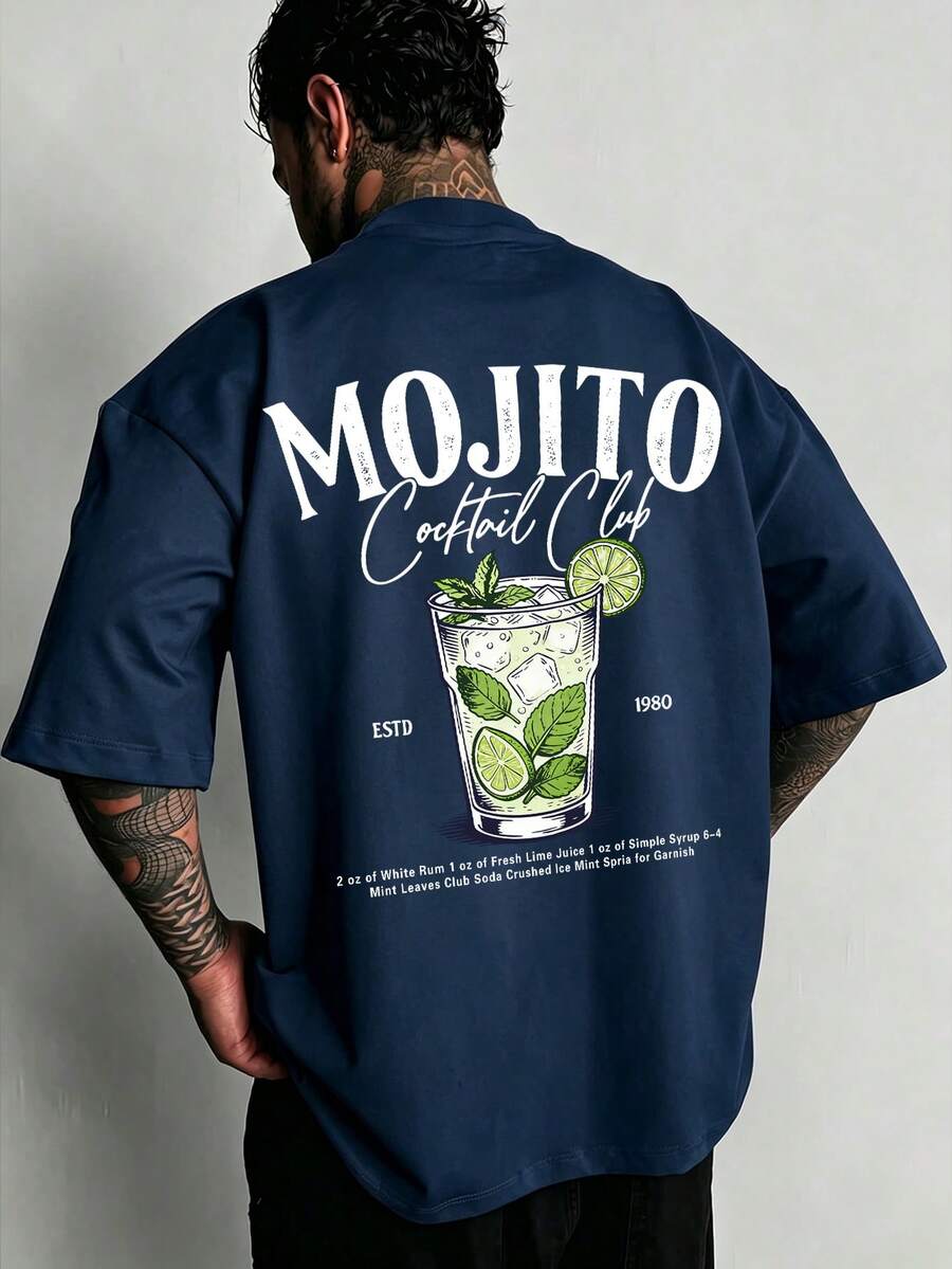 男士極簡時尚飲料雞尾酒圖案印花字母圖形圓領短袖夏季T恤 - 藏蓝色 - 查看 1