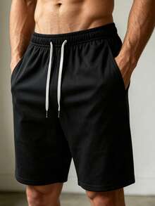 Men's Athletic Shorts, Elastic Drawstring Waist Running Shorts With Pockets, Gym And Sports Training Shorts - Black - View 4