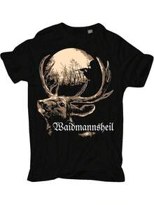 German Brand - Lightweight Summer T-Shirt For Outdoor Activities, Casual Wear - Black T-Shirt With Golden Deer Graphic - Ideal Gift For Nature Lovers - Regular Fit - 黑色 - 查看 1