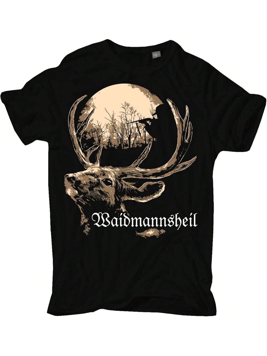 German Brand - Lightweight Summer T-Shirt For Outdoor Activities, Casual Wear - Black T-Shirt With Golden Deer Graphic - Ideal Gift For Nature Lovers - Regular Fit - 黑色 - 查看 1