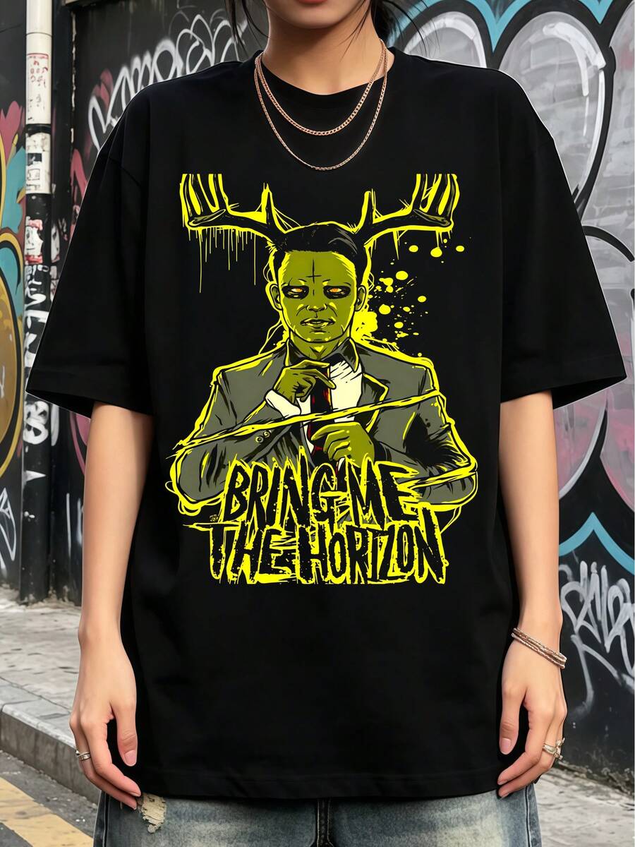 Bring Me The Horizon Metal Stag Antler T-Shirt. Soft, Loose, Everyday Casual T-Shirt. - Black - View 1