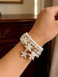 4pcs/Set Fashionable Beach Vacation Style Beaded Starfish Bracelet Set, Suitable For Women's Beach Party, Holiday Wear, Gift For Friends Jewelry - White - View 4