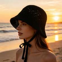 Women Crochet Bucket Hat Solid Color Cutout Breathable Knitted Beach Hat Sun Hat Spring Summer Bucket Caps - 黑色 - 查看 4
