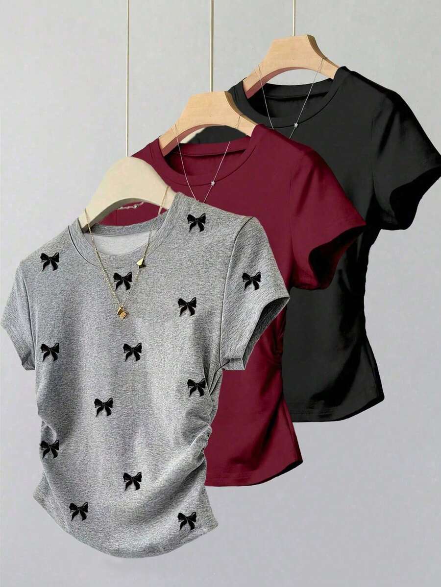 Camiseta de verano casual para mujer de cuello redondo y manga corta, versátil - Negro - Ver 1