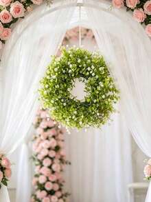 1pc Artificial Eucalyptus Wreath, Decorated With Small Flowers And Eucalyptus Leaves, Suitable For Wedding Decoration, Indoor And Outdoor Decoration, Home Decor, Bedroom, Wall, Outdoor Garden, Hallway, Christmas, Halloween, Etc. - Baby's Breath Wreath - View 2