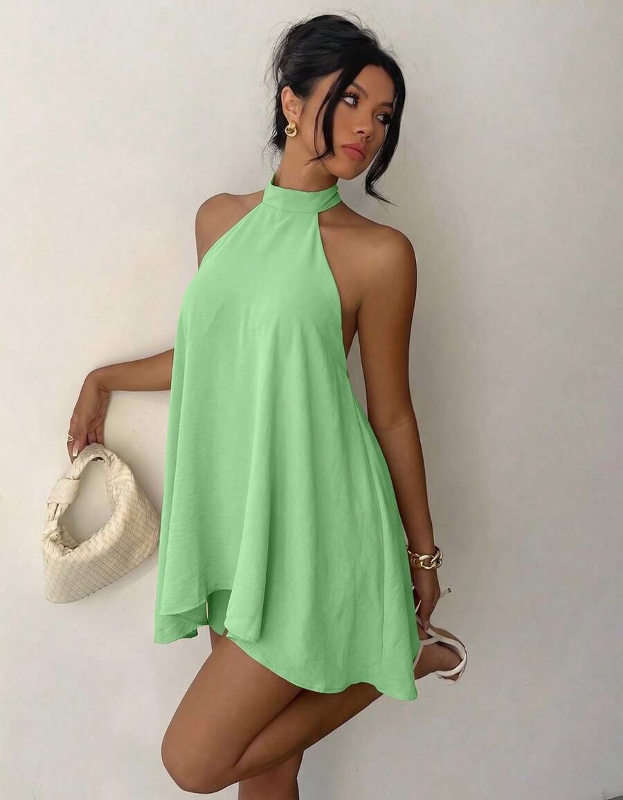 Women's Jumpsuit Dress With Halter Neck And Loose Fit For Summer - Light Green - View 1