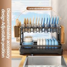Kusuxva This Double-Layer Metal Kitchen Countertop Dish Rack Is Space-Saving And Durable. It Comes With A Knife And Fork Holder, Cup Holder, Cutting Board Holder, And Rust-Proof Drain Tray. Kitchen Storage Items Help You Keep Your Kitchen Neat And Organized. - 黑色 - 查看 7