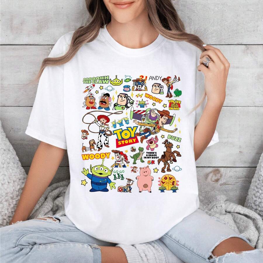 Disney Unisex Oversized T-Shirt, Toy Story Woody Buzz Space Adventure Retro Print, 100% Cotton Retro Short Sleeve, Family Matching Travel Casual Tee - 白色 - 查看 1