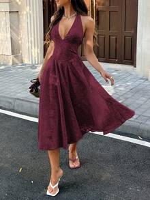 Robe midi d'été Unadoll en jacquard floral, dos nu licou à col V profond avec nœud, fluide, élégante, pour invitée de mariage et soirée - Rouge foncé - Voir 10
