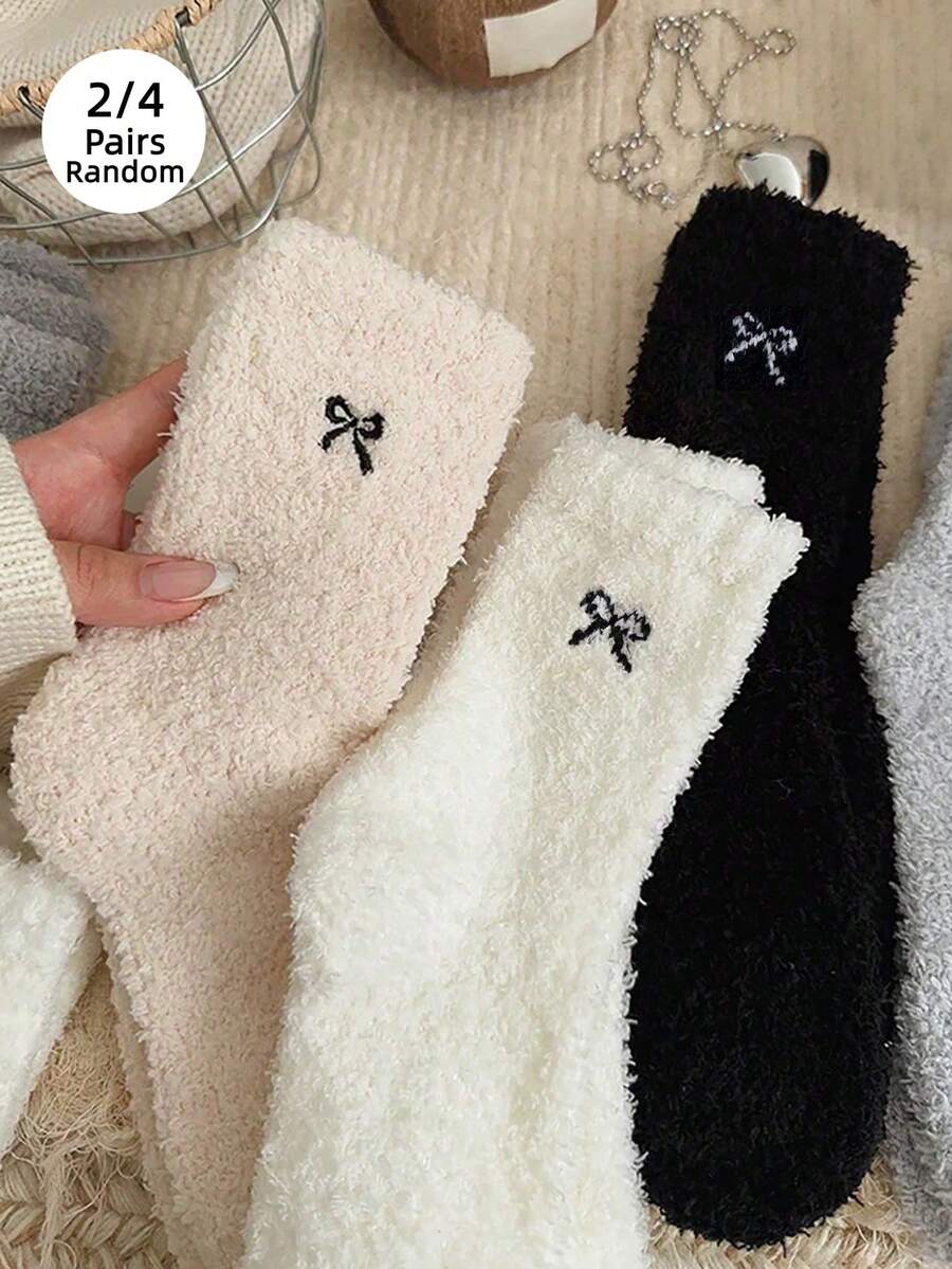 2/4双装女士加厚拖鞋袜，毛绒蝴蝶结装饰，舒适透气，颜色随机，秋冬季保暖舒适 - 彩色 - 查看 1