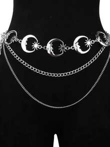 1pc Women's Street Punk Multi-Layer Moon Waist Chain, Suitable For Daily Matching With Dresses And Jeans - Silver - View 11