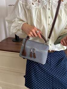 1 pieza Bolso cuadrado pequeño de mano con bloques de color, bolso de caja de moda, tela de PU, bolso bandolera cuadrado, bolso de uso diario, bolso de almacenamiento para teléfono y lápiz labial, adecuado para mujeres, estudiantes universitarias, oficina, universidad, trabajo, negocios, transporte, ir al trabajo, viajes - Azul - Ver 6