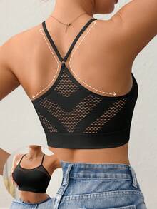 1件無縫鏤空背部設計女性日常內衣，透氣快乾舒適女款內衣與內褲 - 黑色 - 查看 2