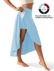 High Waist Maxi Split Yoga Sports Blue Skirt Skorts, Elegant Ruffle Wrap Dresses With Inner Short Pockets, For Casual Dance Summer, Women's Activewear - 薄荷藍 - 查看 1