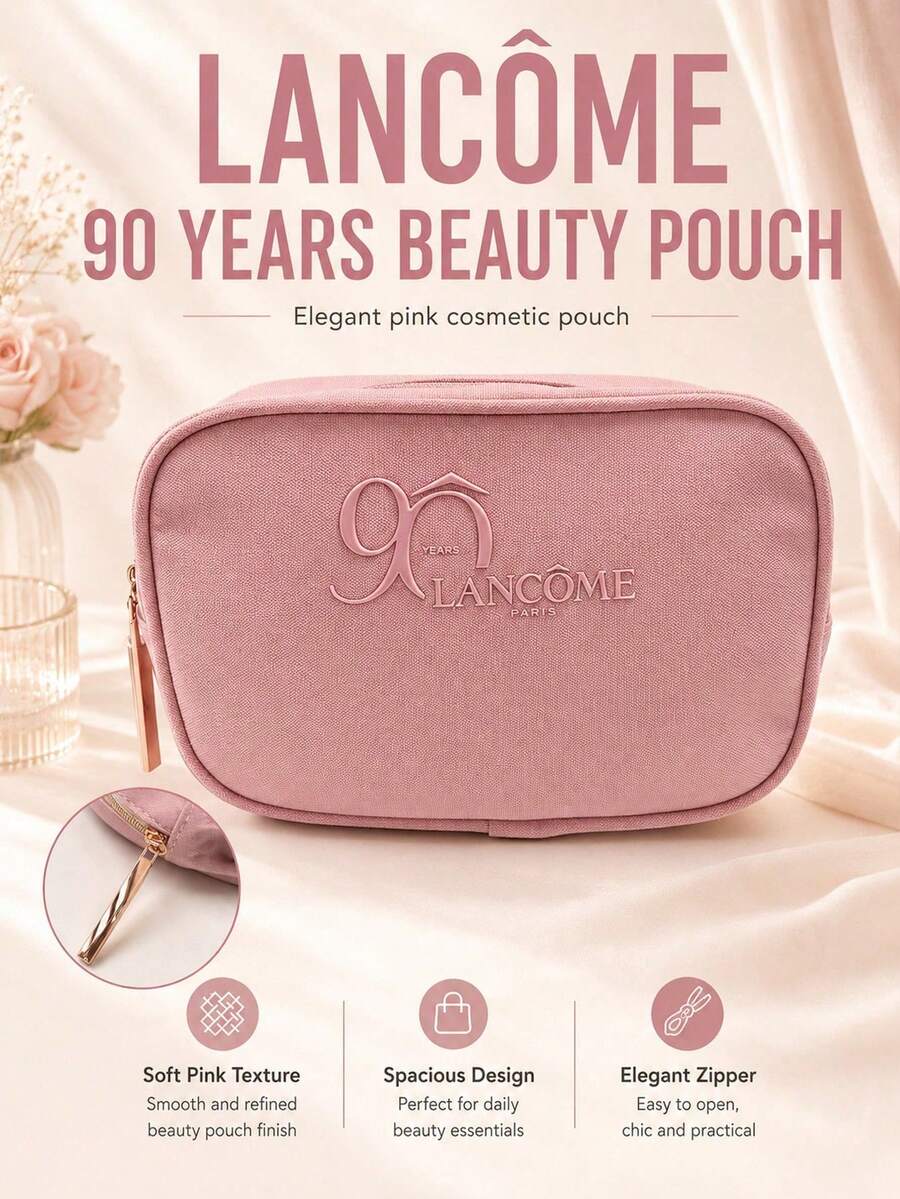 Lancôme 粉色化妝包，13*9cm，柔軟霧面粉色紋理布料，分層設計，可收納化妝品與護膚品，輕巧便攜，適合個人使用或送禮