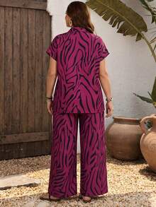 Plus Size Women's Zebra Print Woven Fabric Casual Set Daily Summer Elegant - Hot Pink - View 2