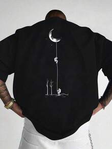 [Double Front And Back Design] Round Neck T-Shirt With Moon And Tree Design On The Front And Back,  Short Sleeves For Summer, Casual Style Top - 黑色 - 查看 11