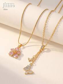 Hihho 2pcs European And American Style Pink Flower & Butterfly Y-Necklace, Double Layer Fine Chain Luxury Beach Vacation Necklace, Suitable For Beach Vacation, Date Afternoon Tea, Poolside Outfit, Short Trip, Daily Commute - Clavicle Chain - View 4