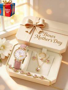 6/1pc, Fashionable Minimalist Elegant Cute Girls Round Pointer Display Quartz Watch Suitable For Girls To Wear, Paired With Heart-Shaped Rhinestone Jewelry, Necklace, Bracelet, Earrings, Ring, Suitable For Parties, Gatherings, Birthdays, Various Holidays To Tell Time, Also Perfect As The Best Gift For Friends/Mom/Girlfriend During Mother's Day, Back To School Season, Wedding Season - Multicolor - View 1