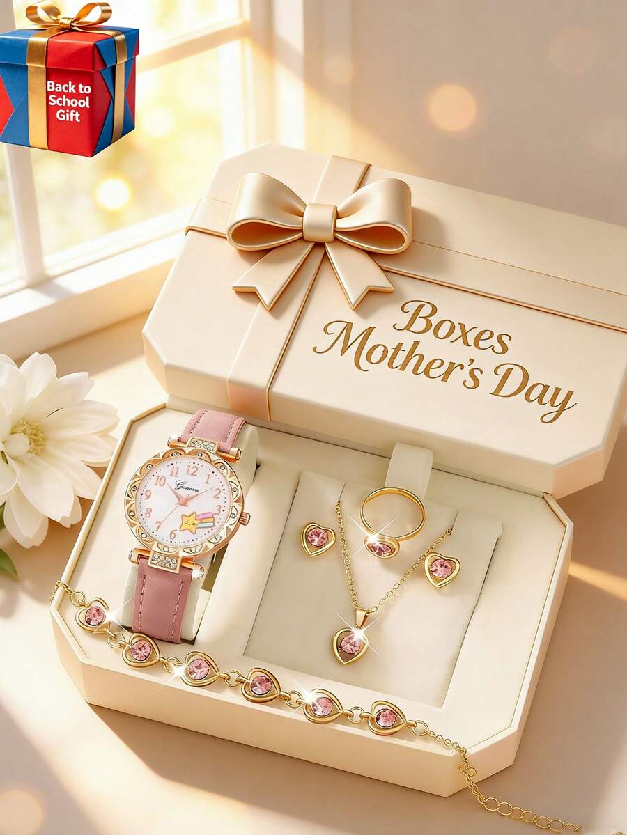 6/1pc, Fashionable Minimalist Elegant Cute Girls Round Pointer Display Quartz Watch Suitable For Girls To Wear, Paired With Heart-Shaped Rhinestone Jewelry, Necklace, Bracelet, Earrings, Ring, Suitable For Parties, Gatherings, Birthdays, Various Holidays To Tell Time, Also Perfect As The Best Gift For Friends/Mom/Girlfriend During Mother's Day, Back To School Season, Wedding Season - Multicolor - View 1