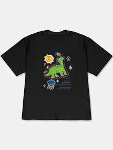 1 Pack 180g 100% Cotton, New Korean-Style Loose-Fit Short-Sleeve T-Shirt With Fun Dinosaur Print, Spring/Summer 2026 Collection. Casual Short-Sleeve T-Shirt - Black - View 2