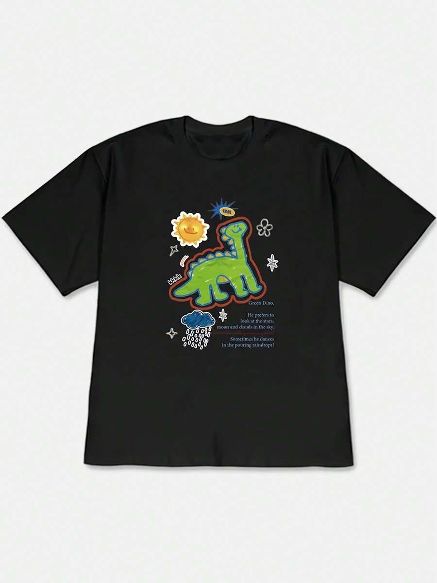1 Pack 180g 100% Cotton, New Korean-Style Loose-Fit Short-Sleeve T-Shirt With Fun Dinosaur Print, Spring/Summer 2026 Collection. Casual Short-Sleeve T-Shirt
