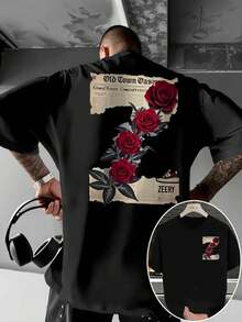 % algodón de doble cara, camiseta de hombre para otoño e invierno, casual y elegante, que absorbe la humedad, estampada con motivos de periódico y rosas rojas, lavable aáquina, camiseta - Blanco - Ver 8