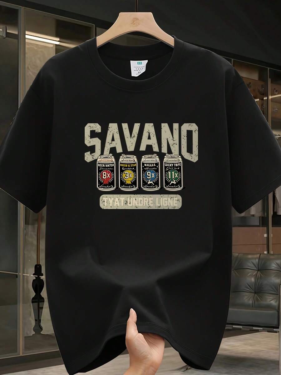 Camiseta de manga corta casual oversized para hombre con estampado moderno, hecha de tela gruesa pura, perfecta para el verano y versátil para varios atuendos - Negro - Ver 1