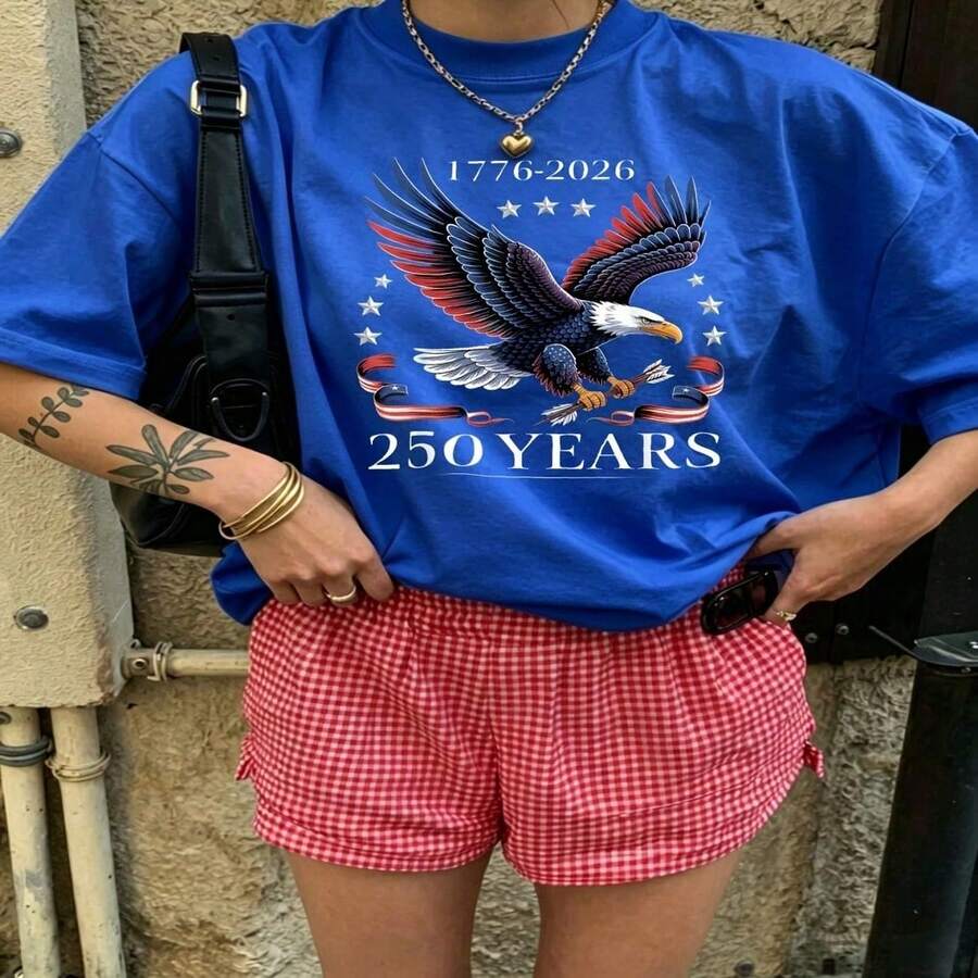 Heartfelt Daily Casual Graphic T-Shirt 100% Cotton Oversized Soft Breathable Casual Crewneck Short Sleeve Top Aesthetic Vintage Red White Checkered Shorts Street Style Basic Casual We - 藍色 - 查看 1