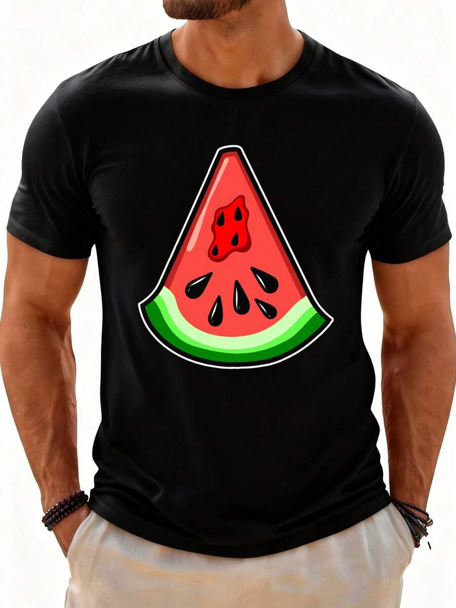 2026 camisetas para hombre - Camiseta 100% estampada para hombre - Transpirable, suave y ligera - Estampado con diseño de rodaja de sandía - Camiseta retro divertida de manga corta informal - Negro - Ver 1