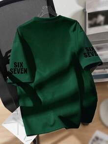 男童酷炫像素 67 遊戲 T 恤，大號「Six Seven」像素圖案印花上衣，柔軟舒適面料，夏季街頭風上衣 - 墨綠色 - 查看 2
