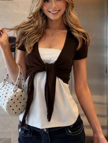 Women's Short Sleeve Knit Cover Up, Cropped Semi-Sheer Lace-Up Front Lightweight Cover-Up Jacket Summer Brown - Brown - View 2