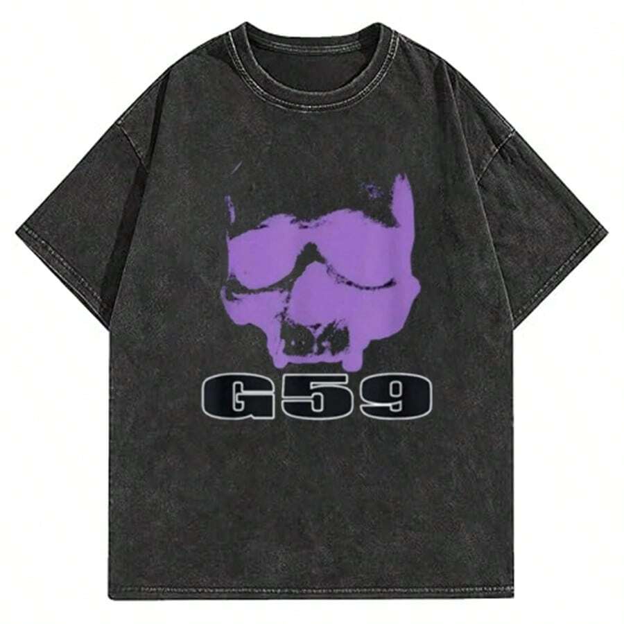 G59 Skull T-Shirt Crew Neck, Casual, Print, Fashion - 黑色 - 查看 1