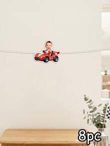 8/16/24pcs Custom Red Race Car Face Bunting Banner,Personalized First Birthday Garland,Boys Race Car Backdrop,/Gender Reveal Party Decor, Checkered Flag, Fast One - Multicolor - View 9