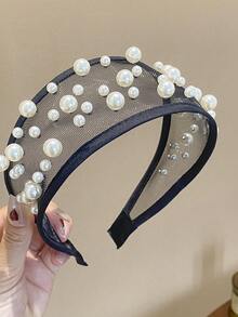 1pc Black Mesh Faux Pearl Wide Headband, Women's Elegant Tulle Hair Accessory For Wedding, Party And Daily Wear - Multicolor - View 6
