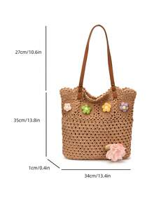 Dedoo Women's Handmade Woven Granny Square Colorblock Large Capacity Tote Bag - Khaki - View 6