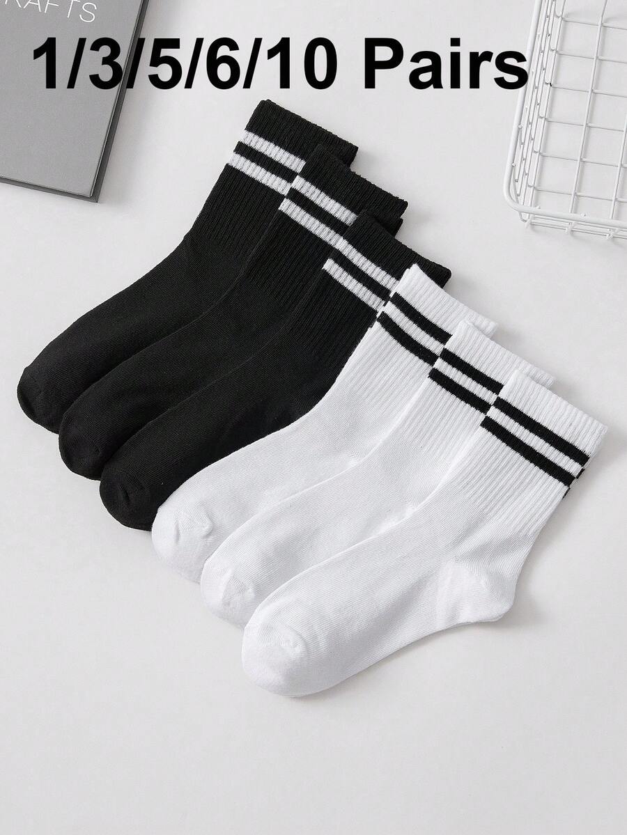 6 pares/Set de calcetines de media caña con diseño de rayas en negro y blanco para hombre, otoño - Blanco y Negro - Ver 1