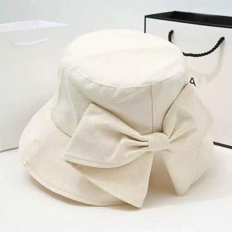 1 pieza Sombrero de sol con lazo decorativo, ala ancha para protección solar al aire libre en primavera/verano - Beis - Ver 1