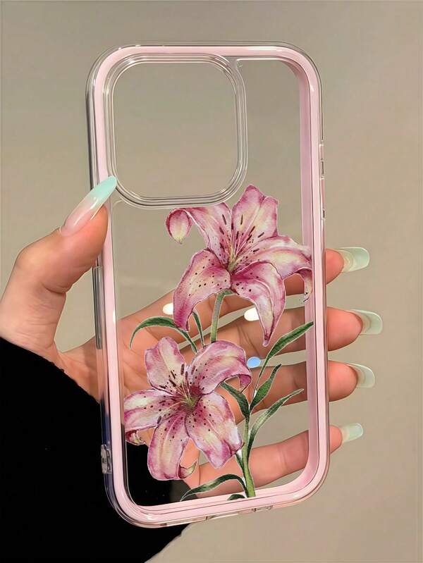1pc Lily Pattern, Color-Block 2-In-1 Pink Shockproof Phone Case, TPU Material, Suitable As Holiday Gift, Compatible With Apple IPhone 11 12 13 14 15 16pro/Promax/14 15 16plus/17, Unisex