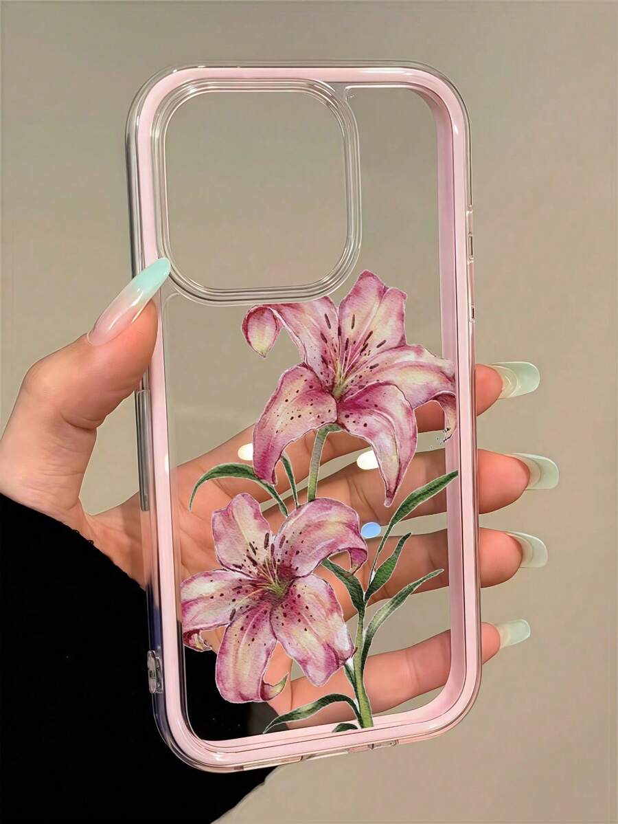 1個百合花圖案拼色2合1粉色防震手機殼,TPU材質,適合作為節日禮物,相容於Apple iPhone 11 12 13 14 15 16pro/Promax/14 15 16plus/17,中性款 - 彩色 - 查看 1